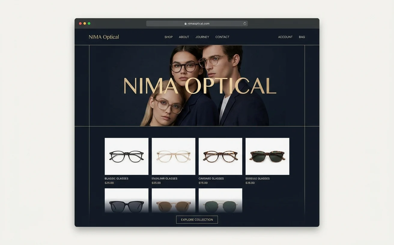 NIMA Optical Shop website portfolio design by SONIK Web Design