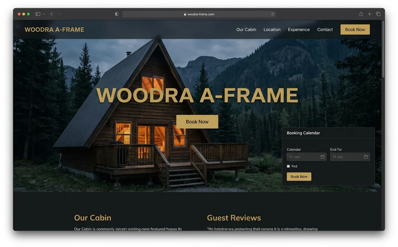 Woodra A-Frame guest house website portfolio design by SONIK Web Design